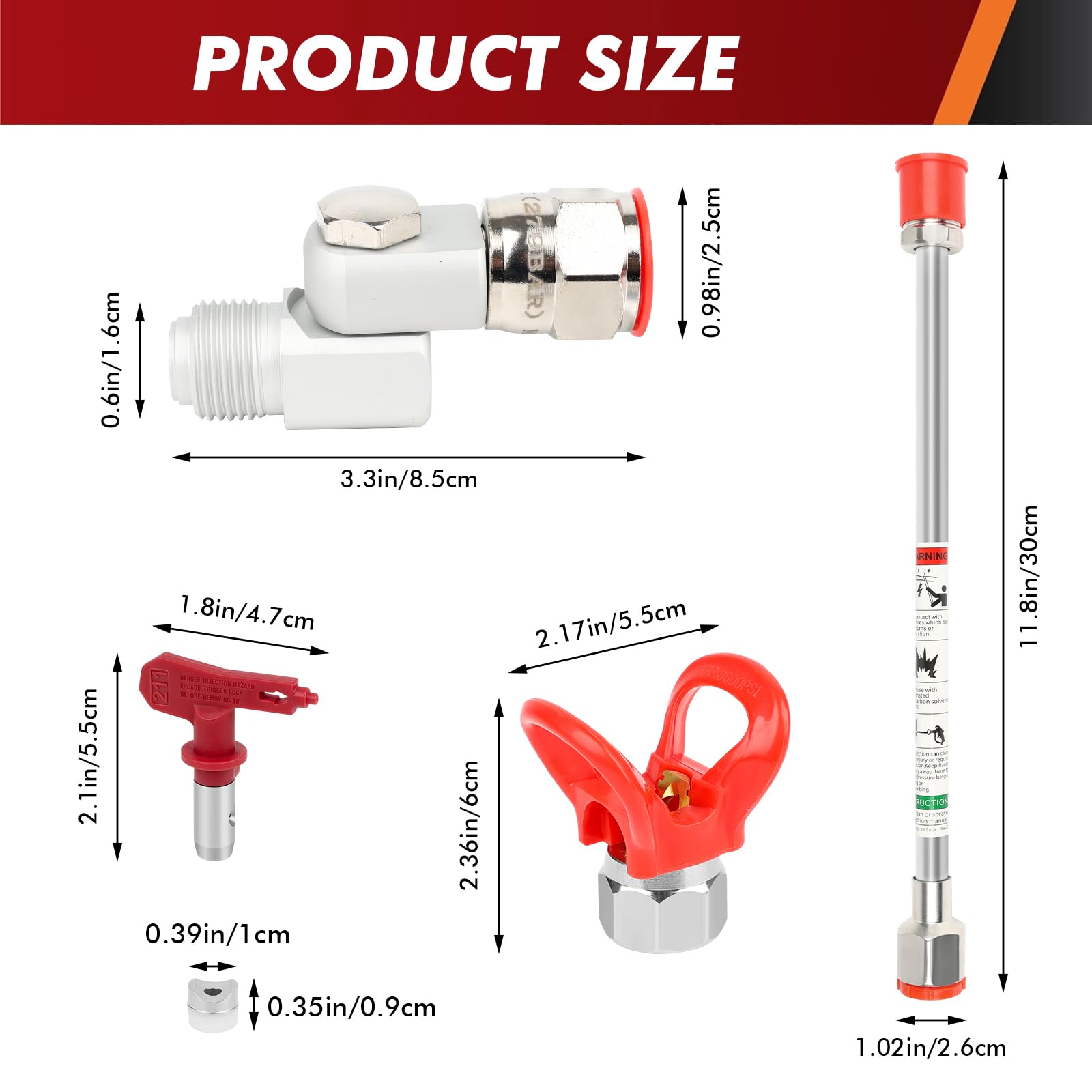 9 Stück Airless Spritzpistole Kit, Airless Spritzlackzubehör Set mit 5 reversiblen Airless Düsen, 2 * 30cm Luftloser Lackstrüber Verlängerungsbaget, 2-Düsenkopfschutz und 1-Schwenkgelenk
