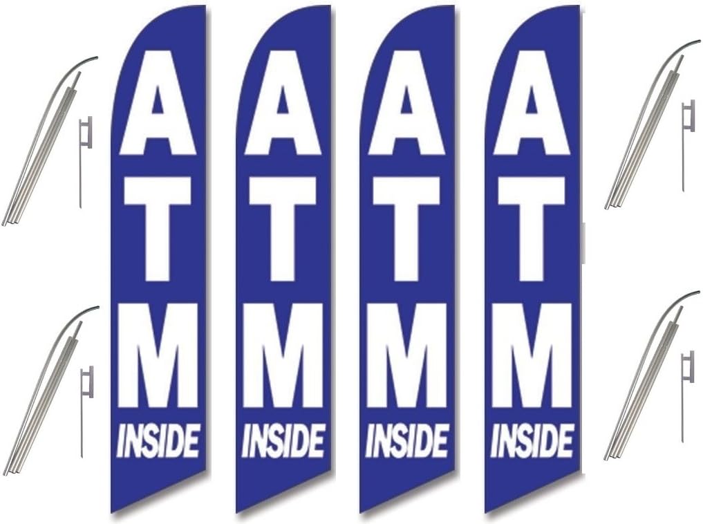 Four Full Sleeve Swooper Flags w/ Poles & Spikes ATM INSIDE Blue with Big White Text