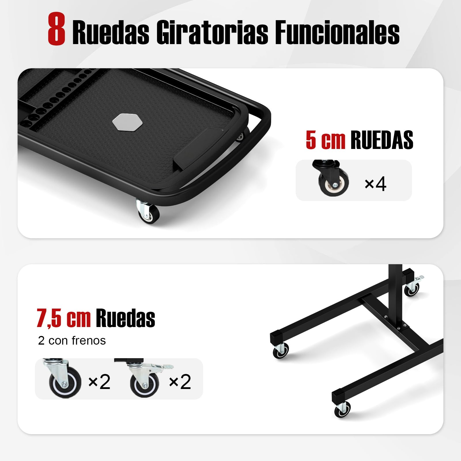 COSTWAY 2 en 1 Bandeja de Herramientas Rodante, Mesa de Trabajo Ajustable con Bandeja Desmontable, Carrito Portátil Mecánico con 4 Ruedas para Garaje, Taller de Reparación, Carga Máxima de 60 kg