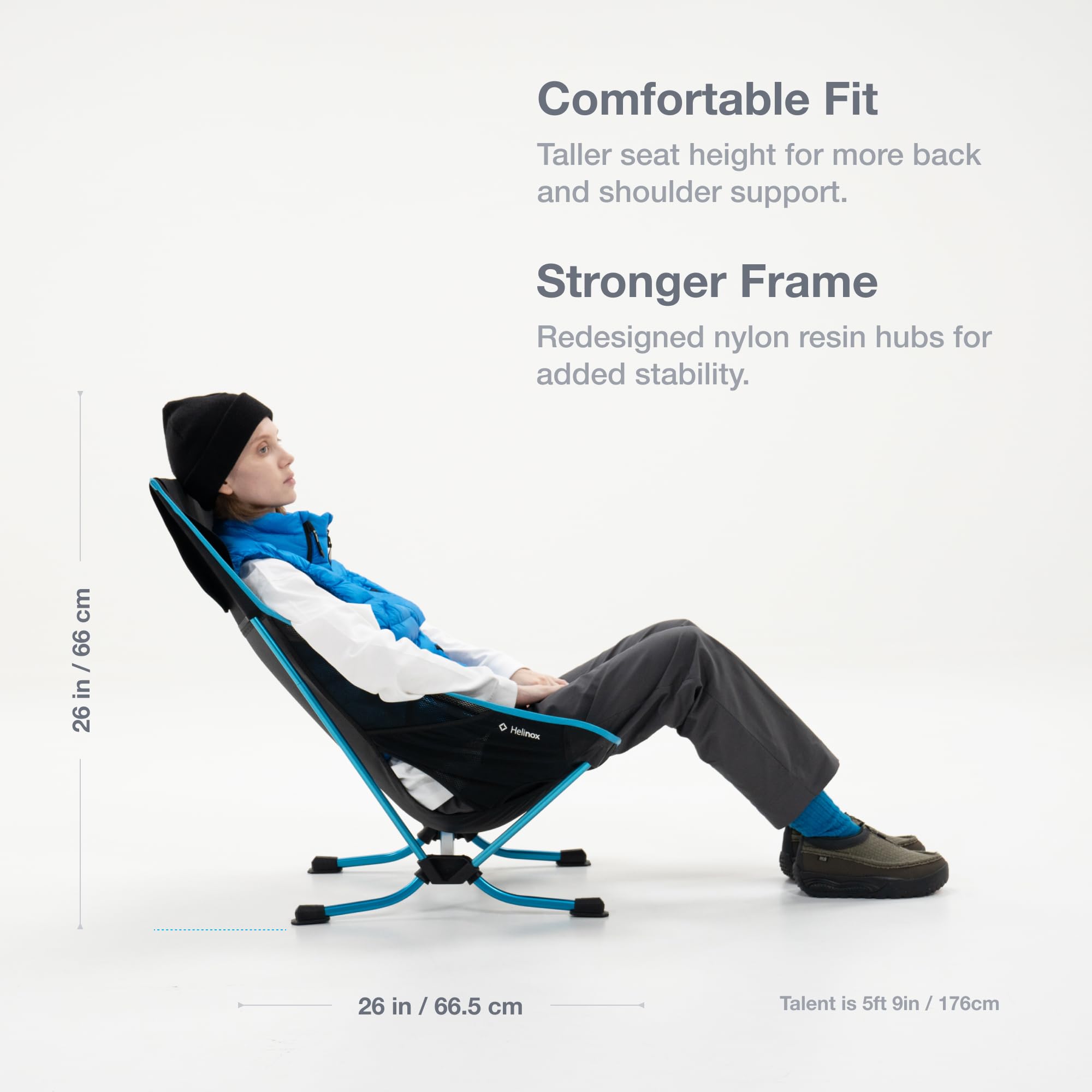 Helinox Beach Chair (re), Leichtgewichtiger Faltbarer Strandstuhl, Nachhaltige Materialien, Flache Füße gegen Einsinken im Sand, Kompakter Outdoor-Stuhl, 1,7 kg, Schwarz