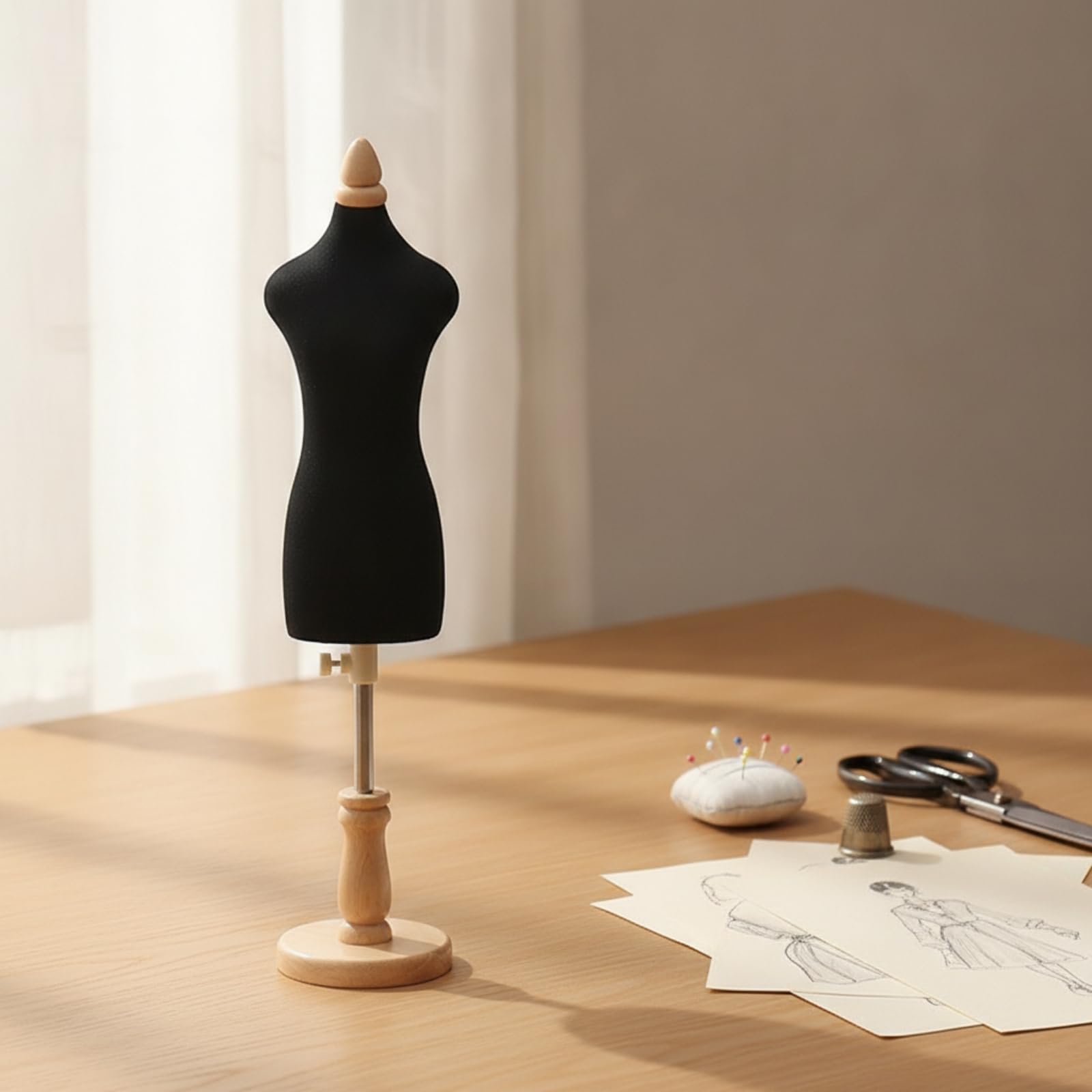 Busto da Cucito Regolabile Durevole , Modello 1/3 In Cotone Nero Con Base Quadrata In Legno