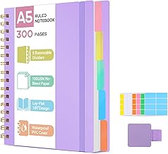 ihaspoko Taccuino a Spirale A5 con 5 Divisori Amovibili | 300 Pagine Righe Quaderno | Copertina Rigida PVC Antiacqua per Studio, Lavoro e Regali Scolastici