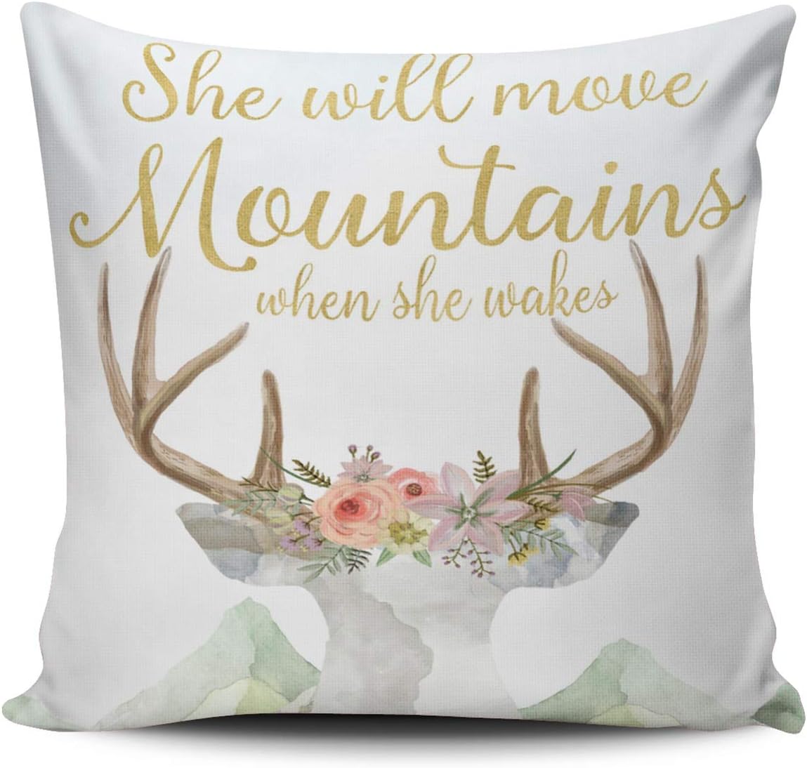 Home Throw Pillow Case Gold Boho Deer Move Mountains Baby Girl Nursery Square Decorative Pillowcase Cushion Cover Both Sides Same Colored Printing 20X20 inch (1-Pack)