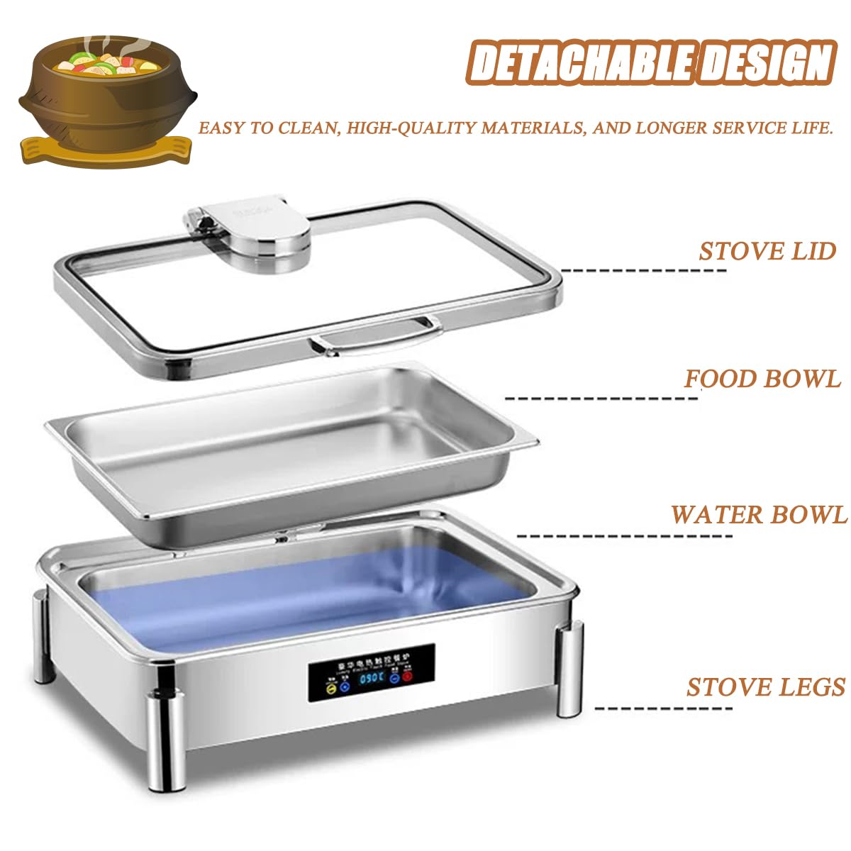 Calentador eléctrico de alimentos con pantalla táctil, acero inoxidable, temperatura ajustable, fácil de limpiar, calentamiento rápido, aislante, ideal para cenas, fiestas, camping