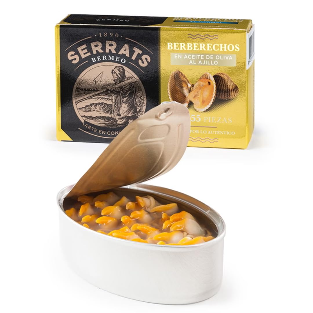CONSERVAS SERRATS - Berberechos en Aceite de Oliva al Ajillo 45/55 Piezas por Lata - 6 latas x 110g (Total: 660g) - Elaboración Artesanal desde 1890 - Sin Gluten, Rico en Omega 3