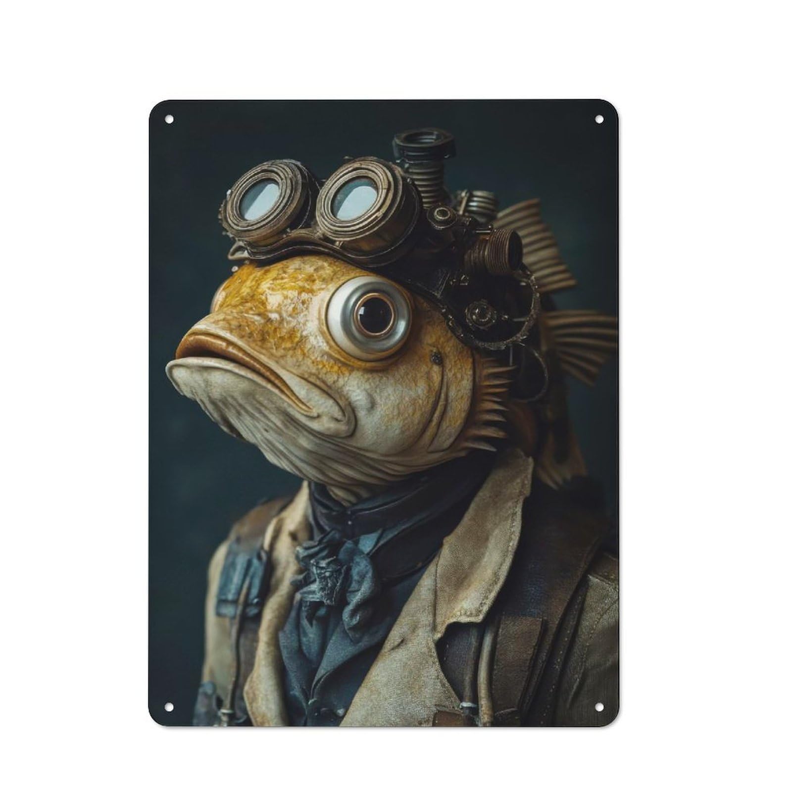 Funny Steampunk Fish Creature Country Metal Wall Decor 40x30cm, Tin Wall Plaque for Cottage, Kitchen, Hallway Or Breakfast Nook