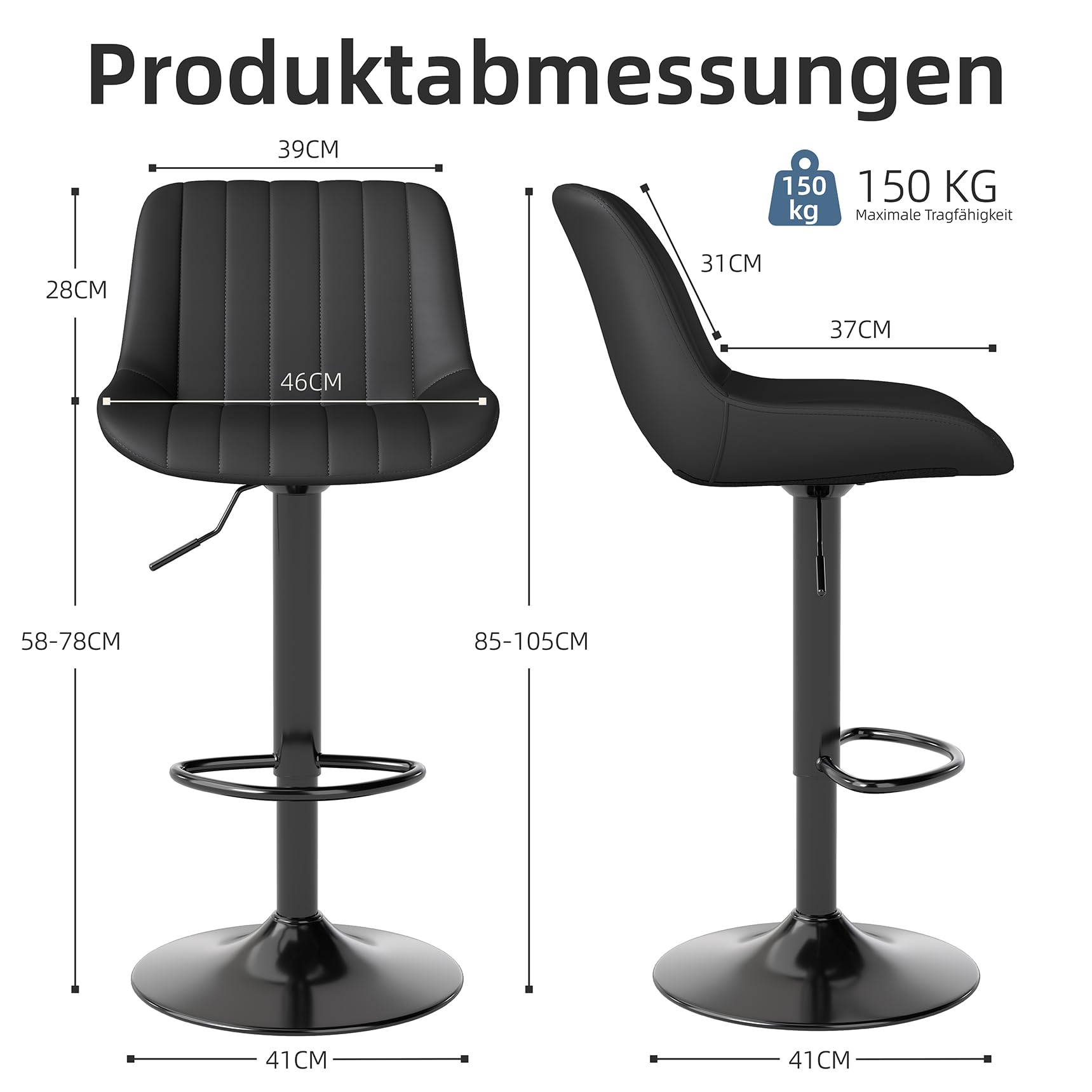 Youhauchair Barhocker 2er Set, Drehbare Barhocker mit Lehne, Höhenverstellbar aus PU-Leder, Moderner Barstuhl Küchenhocker Bar Hocker Bar Stool, Schwarz