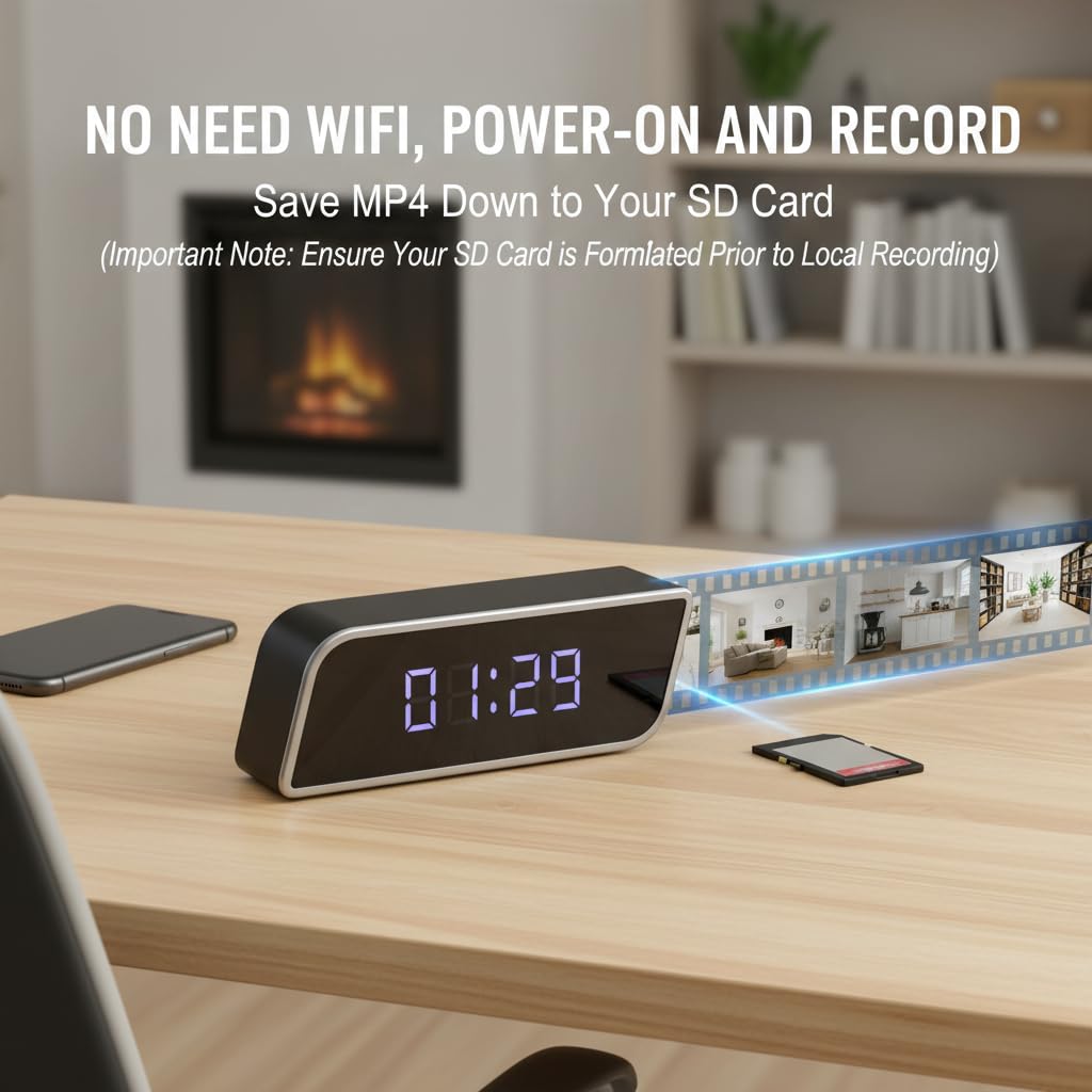 2-in-1 Alarm Clock Camera 4K UHD HD Night Vision 2600mAh WiFi Remote View SD Storage Wireless No Audio