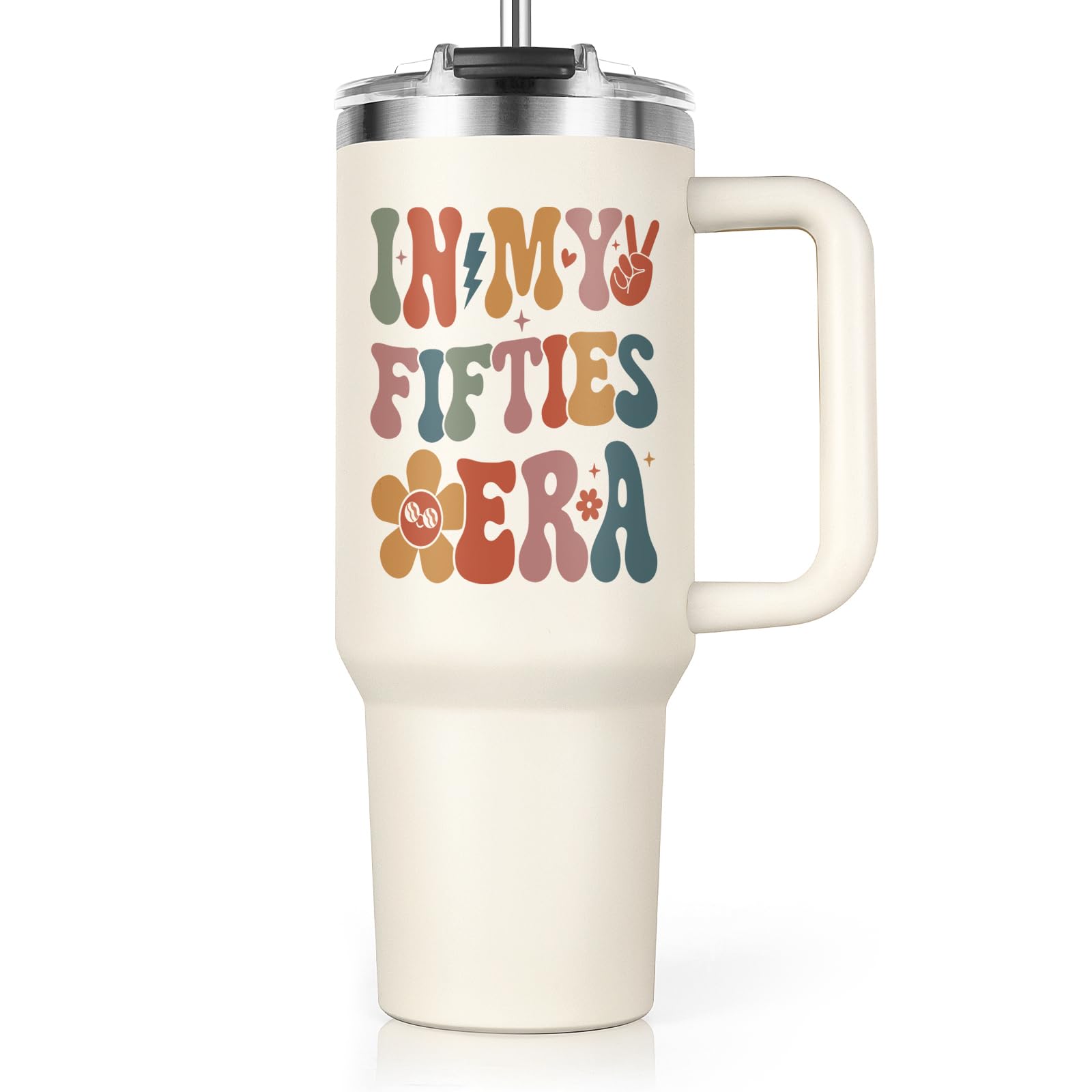 Shqiueos 50th Birthday Gifts for Her 40oz Tumbler with Handle and Straw Lid 50 Year Old Gifts for