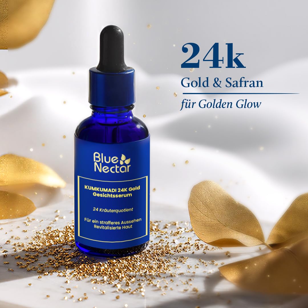 Blue Nectar 24K Gold Gesichtsserum mit Kumkumadi Öl – Gesichtspflege für strahlend aussehende Haut (24 Kräuter, 30 ml)
