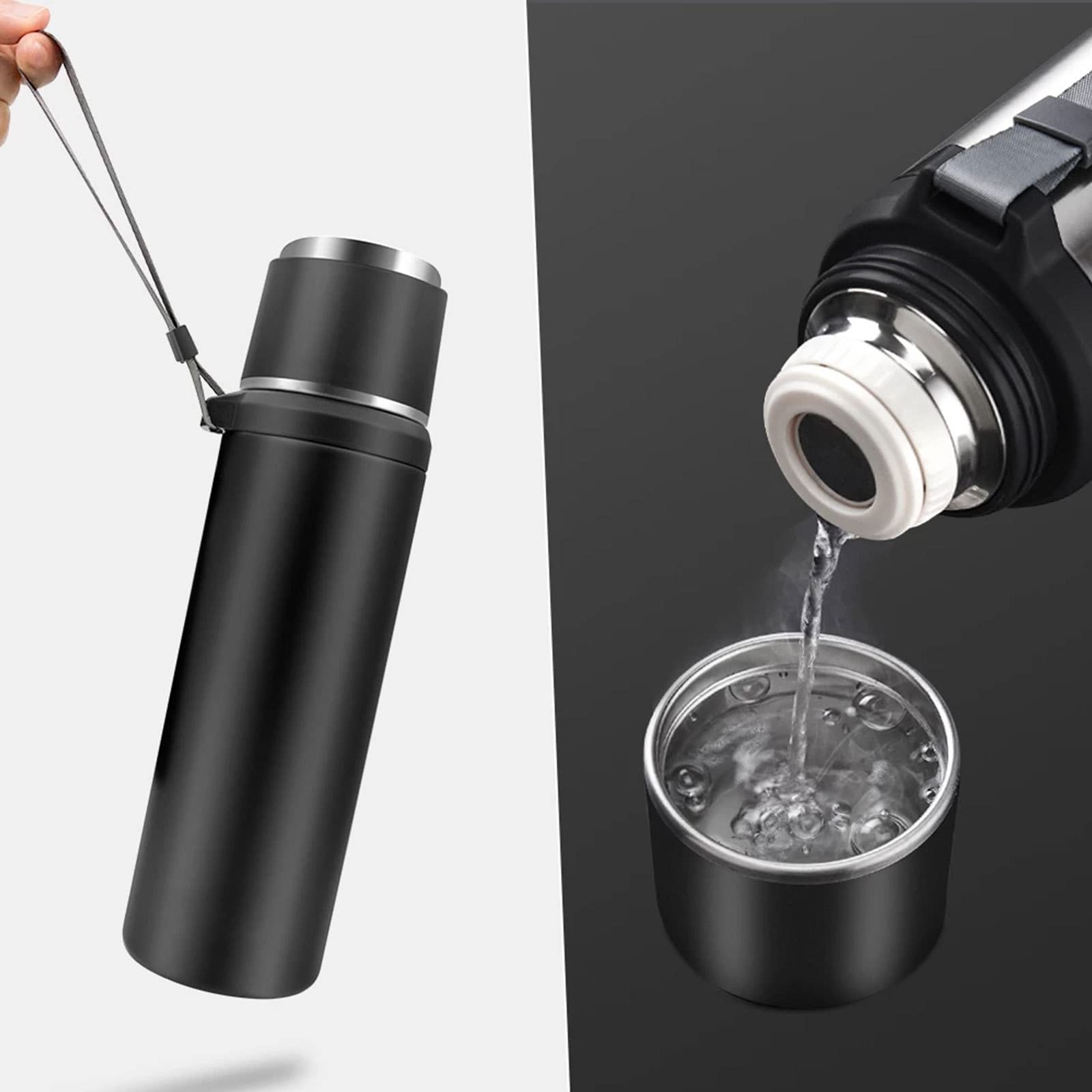 Matraz de vacío de acero inoxidable con taza - Botella de agua con aislamiento de doble pared de 35 oz - Mantiene el líquido caliente o frío, taza para bebidas resistente a fugas,Black