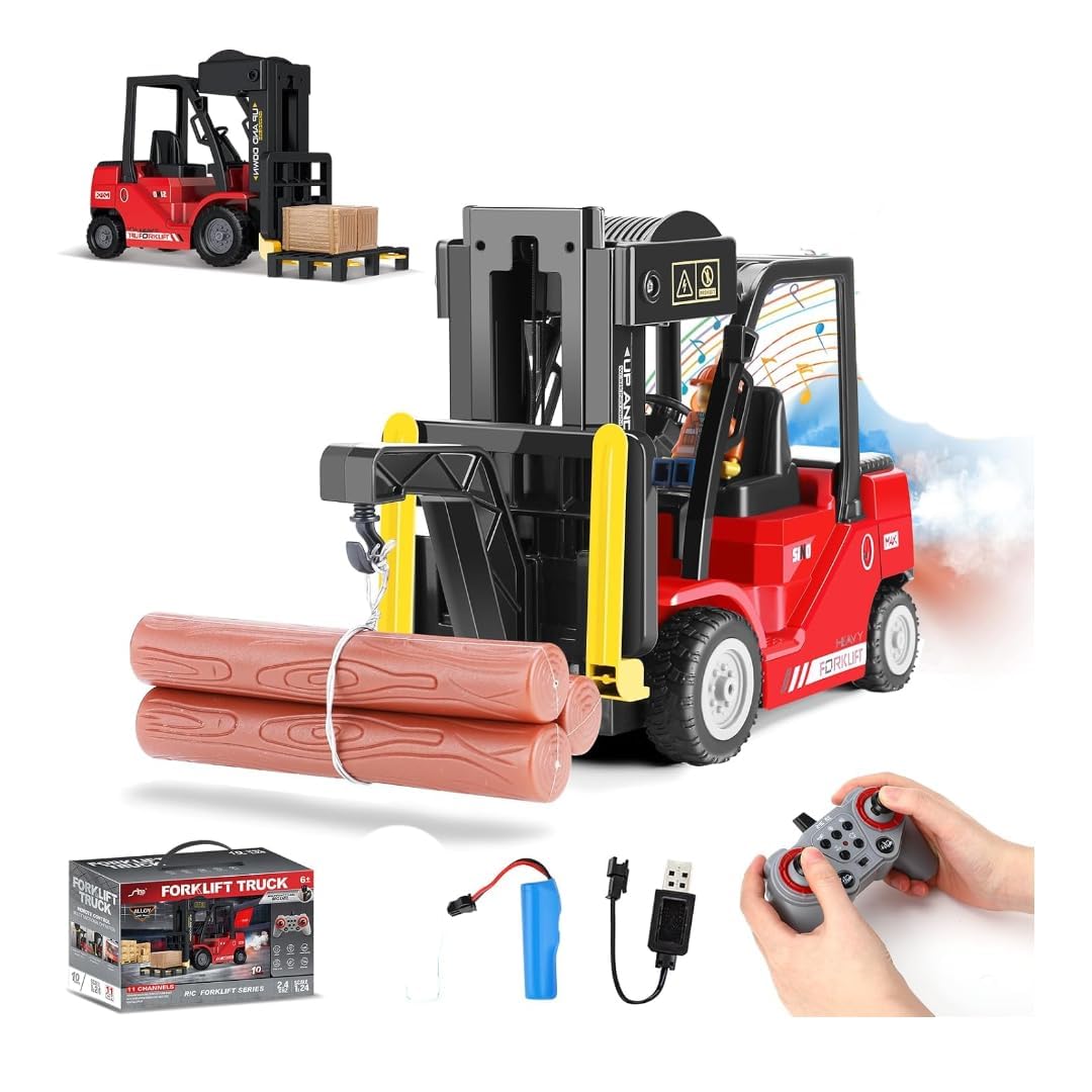 Babelly 1:24 RC Forklift Truck – 11 Channel Remote Control Construction Vehicle with Lights, Music & Spray | Alloy Heavy Duty Trailer Toy for Kids(RC Forklift Truck-Red) 2