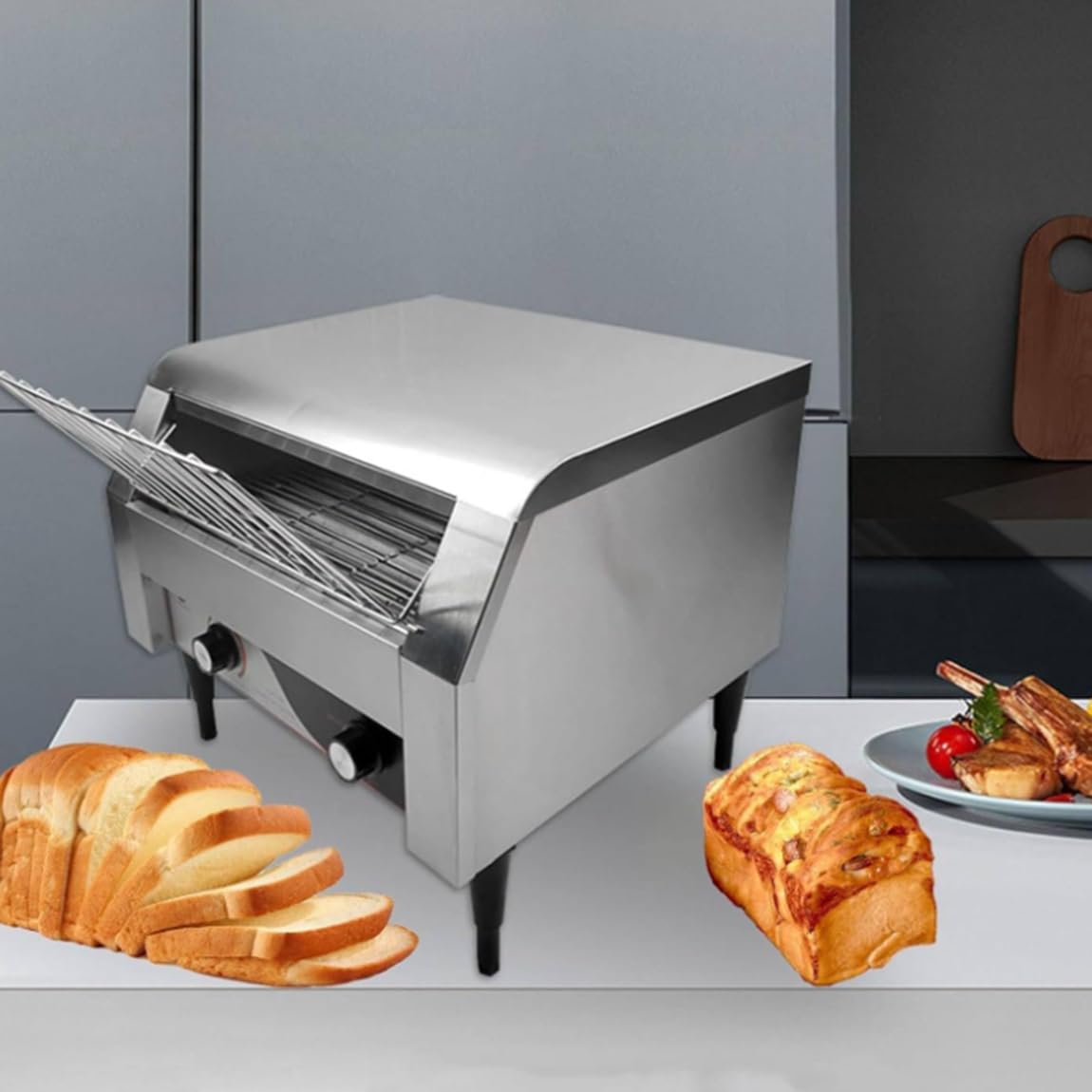 Tostadora de cinta transportadora comercial Tostadora de cinta transportadora para catering Máquina de pan eléctrica de 2240 W 150/300/450 piezas/h Horno tostador automático Control,300