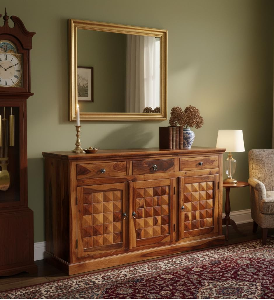 ANGEL FURNITURE Solid Sheesham Wood Diamond Design Sideboard 3 Door 3 Drawer (Honey Finish)-image-36
