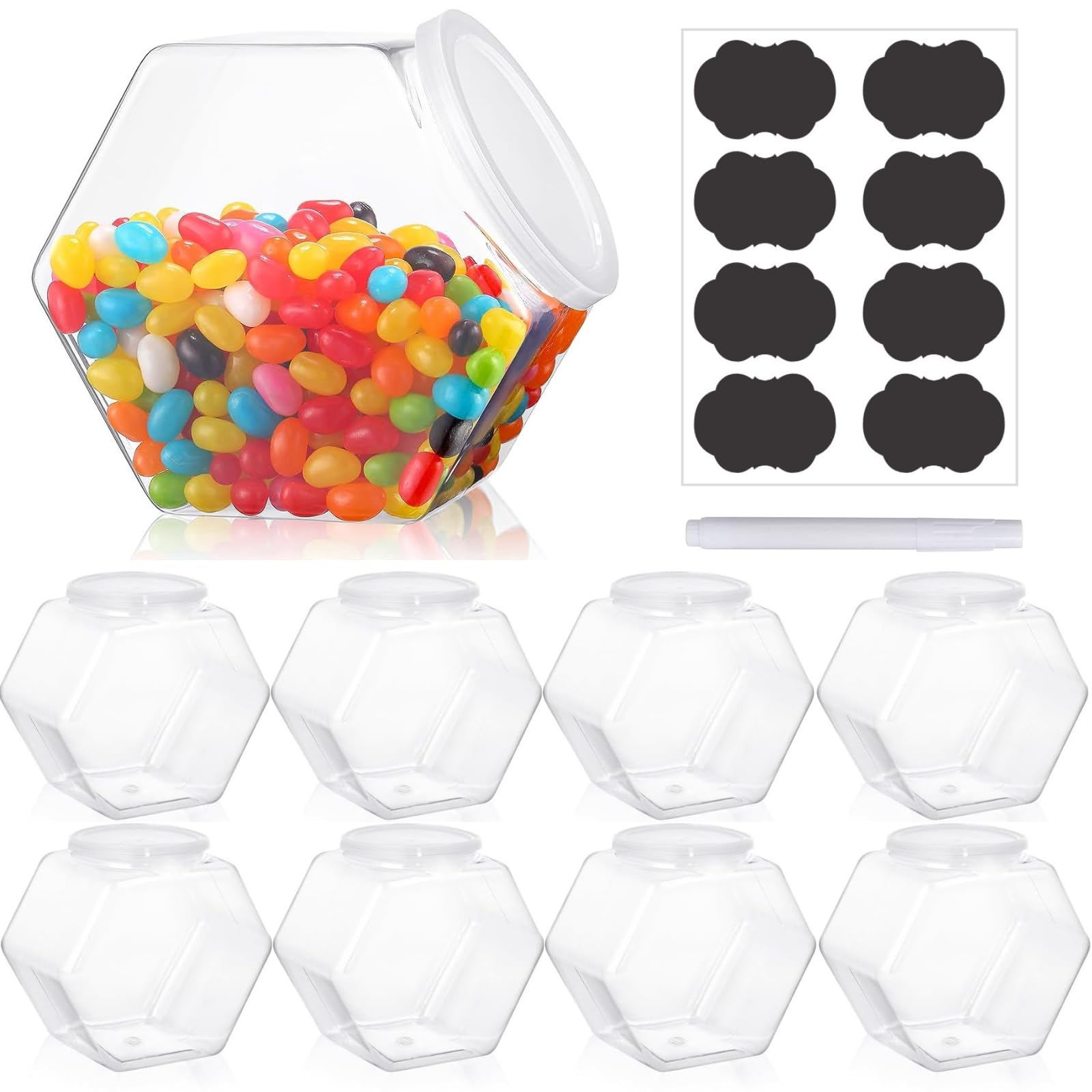 Atarvana Plastic Candy Jars 30oz Set of 8 with 8 Pcs Label Stickers & 1 Pen, Hexagon Candy Containers with Airtight Lids for Candy Buffet, Kitchen