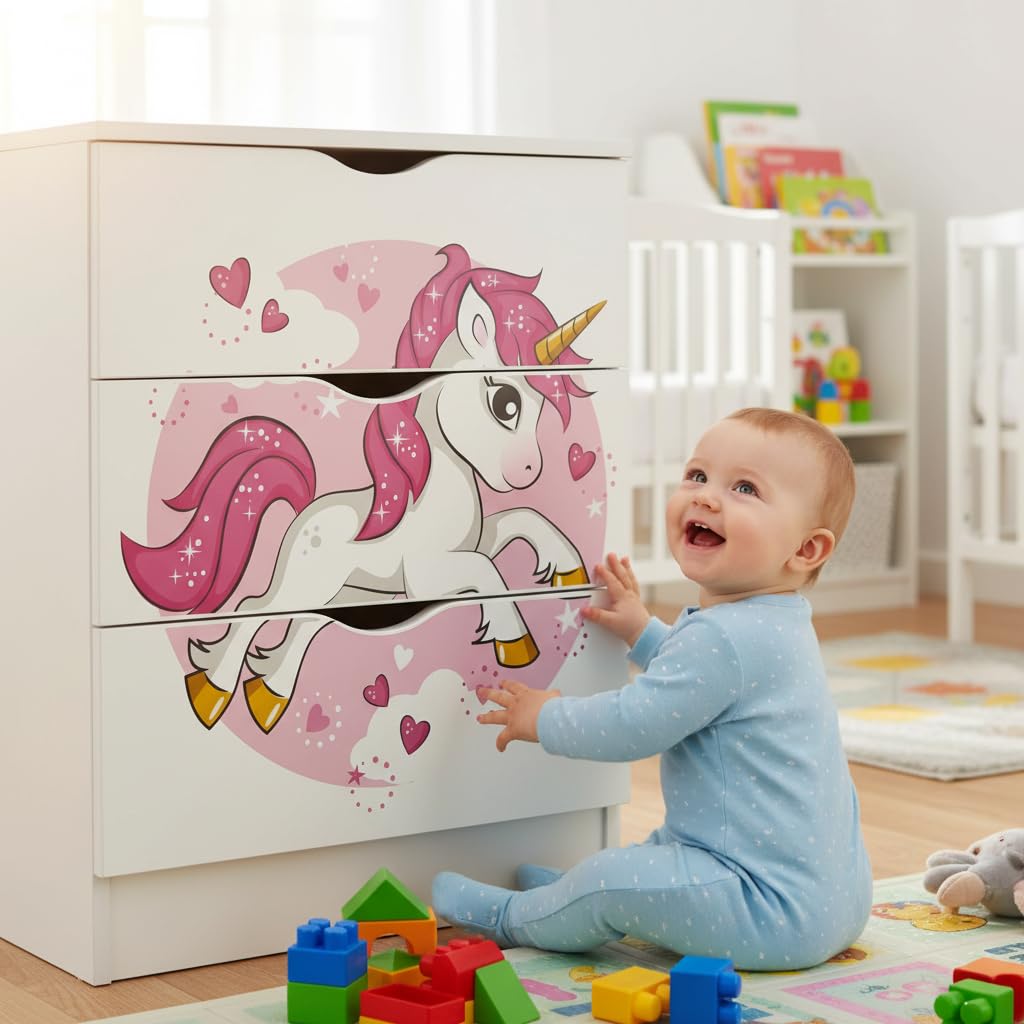 Leomark Weiß Kommode mit 3 Schubladen - Roma - Möbel für Kinderzimmer aus Holz, Schlafzimmer-Möbel (Pink Unicorn)