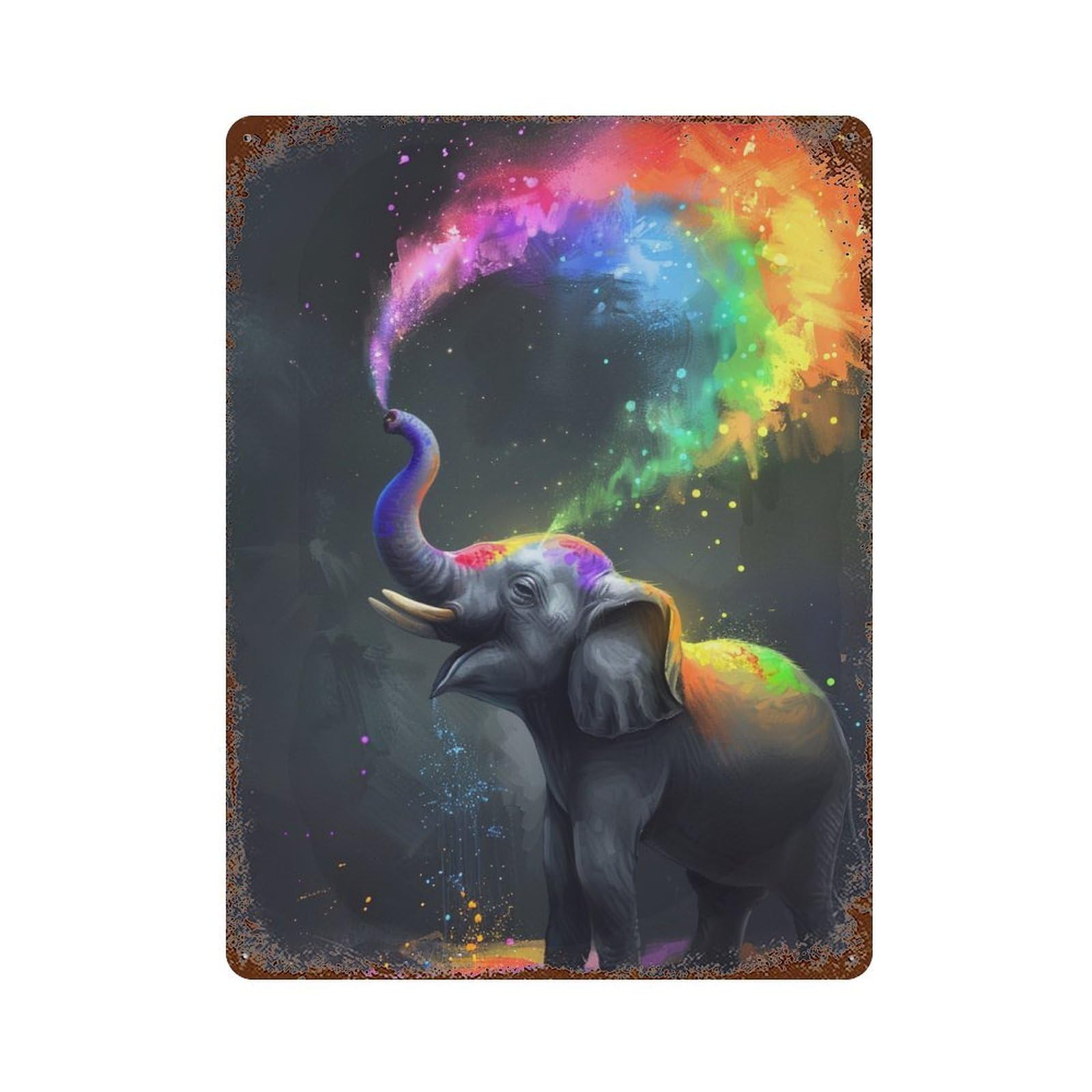Rustic Tin Plaque with Colorful Elephant Painting Design 15.7"x11.8", for Cafe, Home Bar And Lounge Decor, Industrial Home Decor
