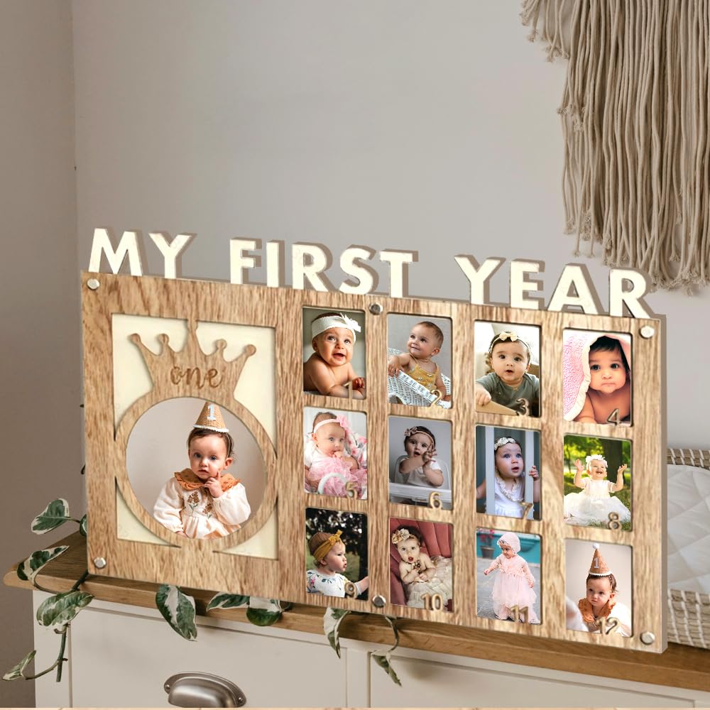 Cornice portafoto per il primo anno del bambino, con scritta "My First Year", con 12 foto mensili, perfetta come regalo di compleanno
