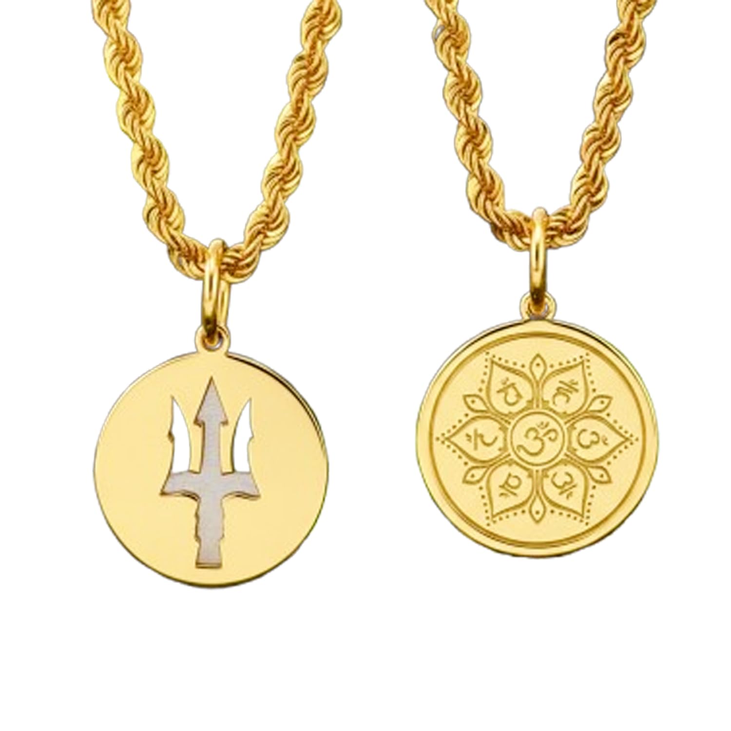 Trident Om-Lotus-Anhänger-Halsketten-Set, 2 Stück, vergoldet, 925er Sterlingsilber, Münzmedaillon, spirituelles Yoga, Hindu-Symbol, Schmuck, Damen und Herren