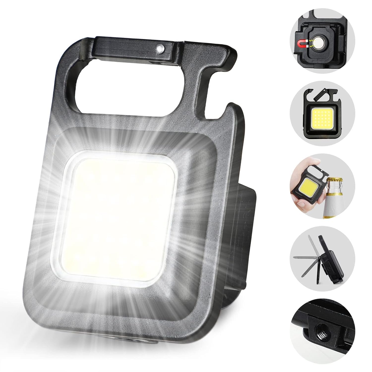 ALCY LED Mini Cob Keychain and Magentic Flashlight Portable USB Rechargeable Light 3 Light Modes with Folding Bracket,for Walking Camping?Square?,Black, 1000 Lumen-image-38