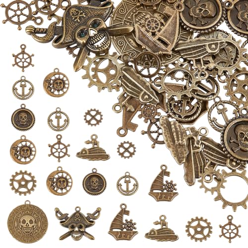 SUNNYCLUE 1 Box 58Pcs 11 Styles Steampunk Charms Bulk Pirate Charms Alloy Vintage Gear Mechanical Metal Steam Punk Sea Nautical Charm for Jewellery Making Supplies DIY Necklace Bracelet Earring