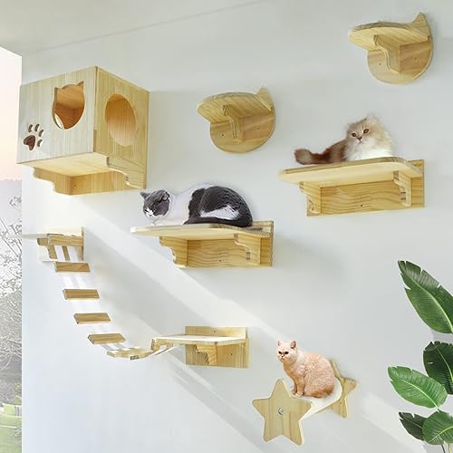 La La Pet Estantes y perchas modernos para gatos, árbol de escalada para gatos montado en la pared con 9 escalones y escalera, centro de actividades
