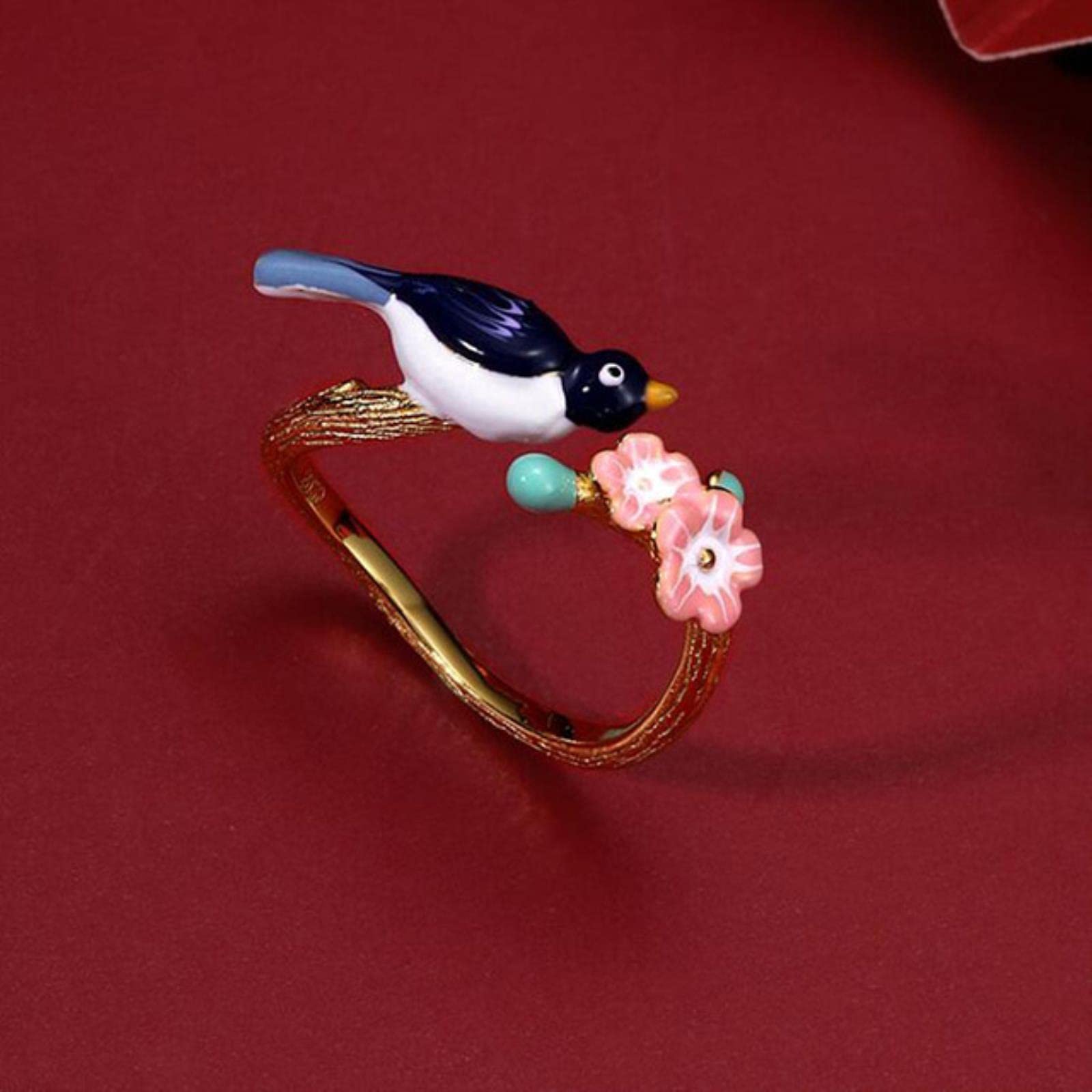 SALAN Nuevo Esmalte Pájaro Rosa Flor Abierto Ajustable Anillos De Mujer 925 Joyería De Plata Esterlina Lindo Accesorios De Anillos De Dedo De Urraca