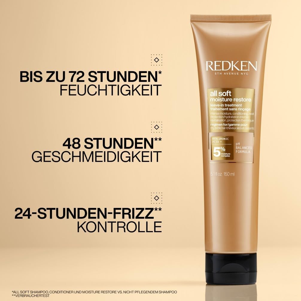 Redken Haarmaske mit Hyaluron für trockenes Haar, Anti-Frizz und Hitzeschutz bis 230° C, All Soft Moisture Restore Leave-In Maske, 1 x 150 ml