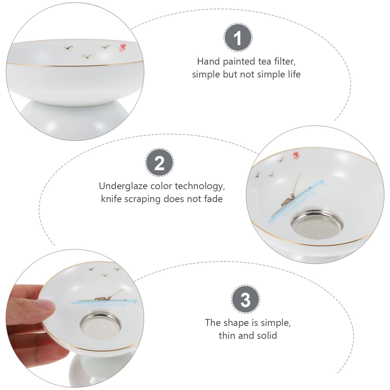 DOITOOL Filtre à Thé en Céramique Dessinée la Main avec Support en Acier Inoxydable, Infuseur Réutilisable pour Maison et Bureau, Style Antique pour Infusion