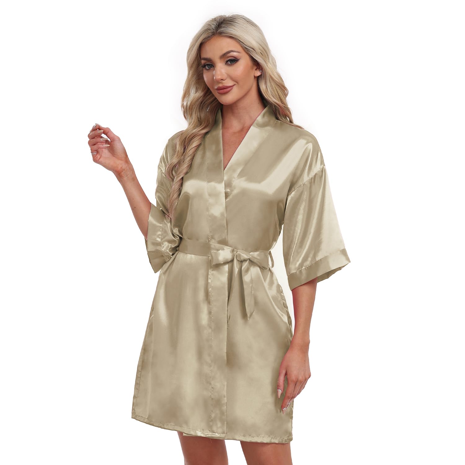 Womens Satin Robe Short Kimono Bathrobes Bride Bridesmaid Wedding Party Robes Sleepwear with Pockets