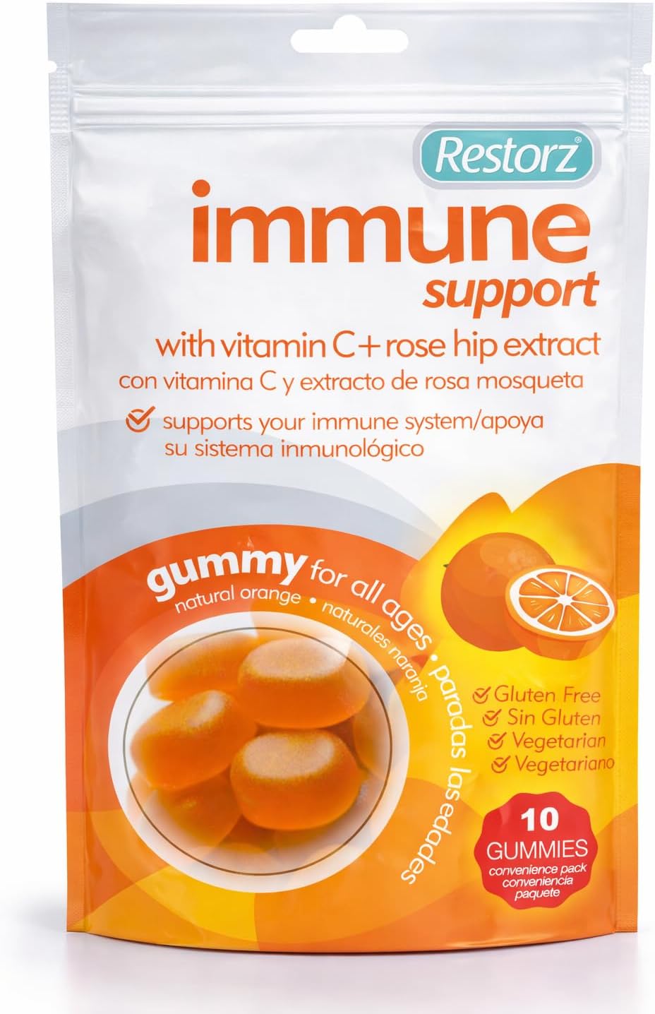 Restorz Immune Support Gummies with Vitamin C & Rose Hip Extract (120 Total Gummies, 12-Pack, 10 Per Pouch) - Wellness Chews with Antioxidants/Fresh Soft Tasty Chewables/Vegan & Gluten Free