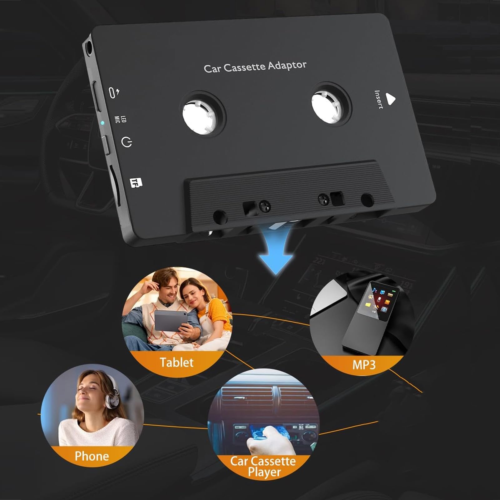 Vikye Bluetooth 5.4-Kassettenadapter für das Auto, Kabelloser Kassettenspieler-Empfänger mit Lenkradfernbedienung, Aux-zu-Tape-Audio-Konverter, Unterstützt TF-Karte, Freisprechanruf