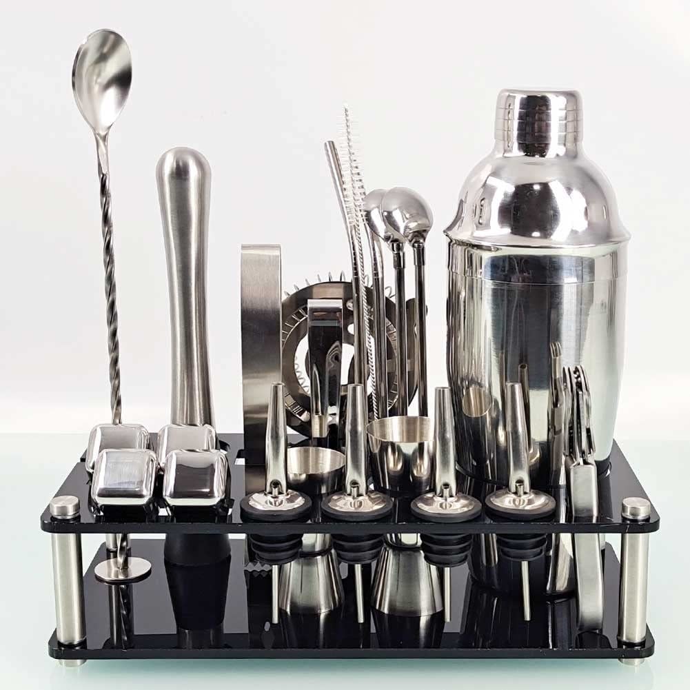 Kit de Barman, Juego de coctelera con Soporte, Juego de Herramientas de Barra: coctelera de Martini de 25 oz, Jigger, mortero, Pinzas para Hielo, colador, vertedor de Licor, Cuchara, sacacorchos,
