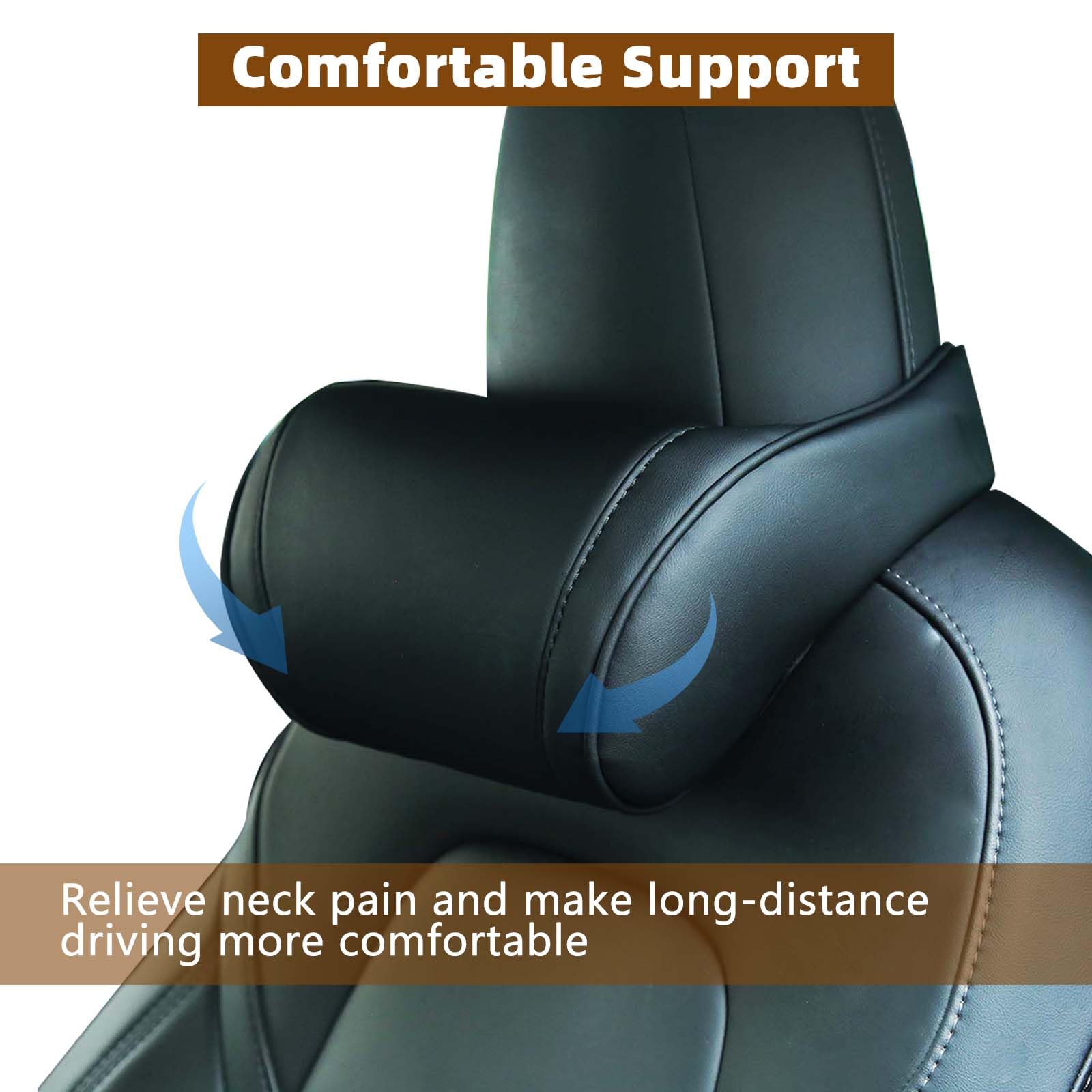 TOPABYTE Cuscino Poggiatesta Auto in Pelle e Schiuma di Memoria, Supporto Testa per Seggiolino Auto Cervicale per Guida, Ergonomico Cuscino da Collo Pillow, Rimovibile, 2 Pezzo, Nero