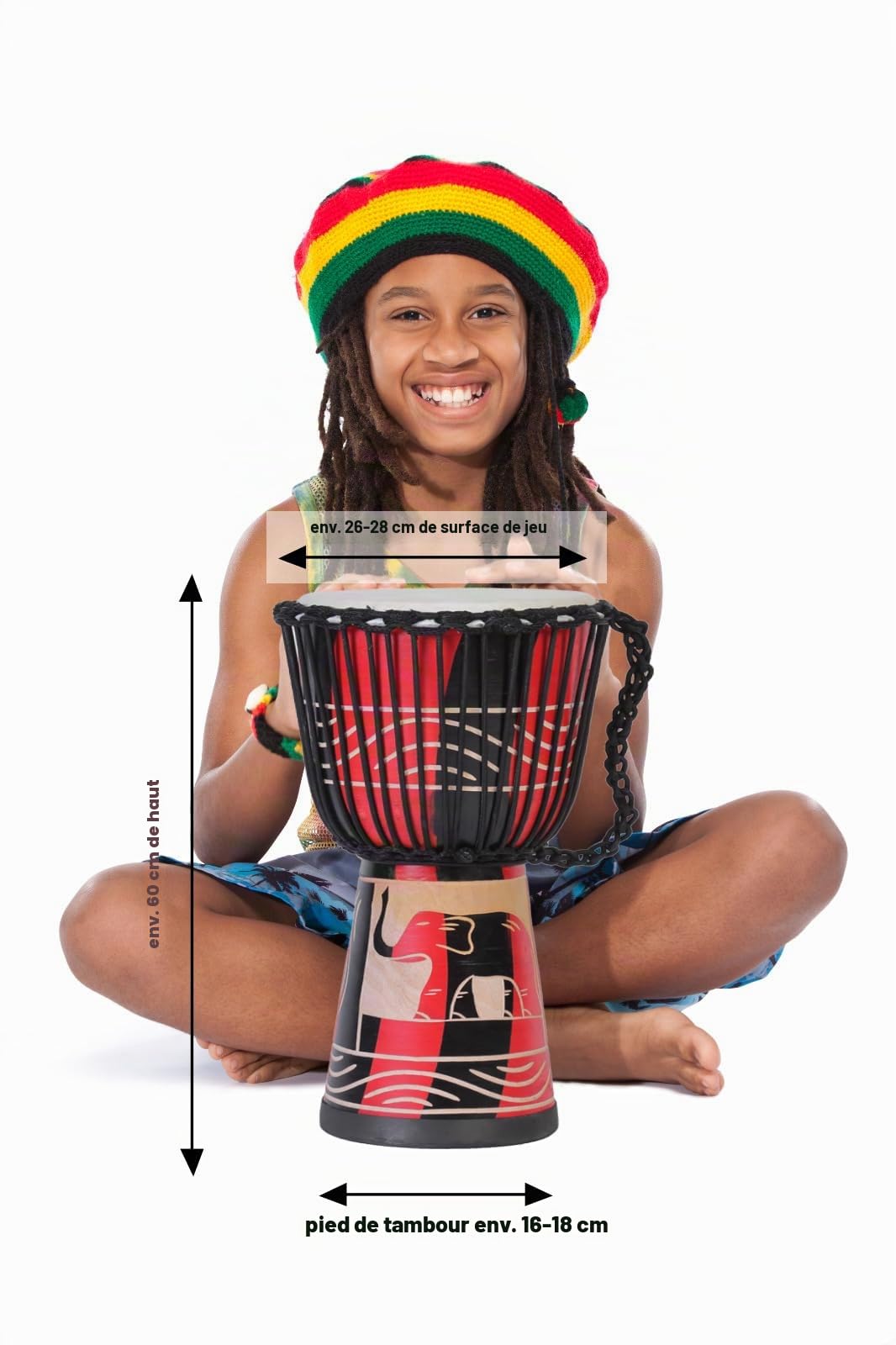 Djembé Professionnel 60 cm - Bongo, Tambour de Brousse, Percussion Afrique Sculpture - Très Bon Instrument pour Femmes et Jeunes, Bonne Basse