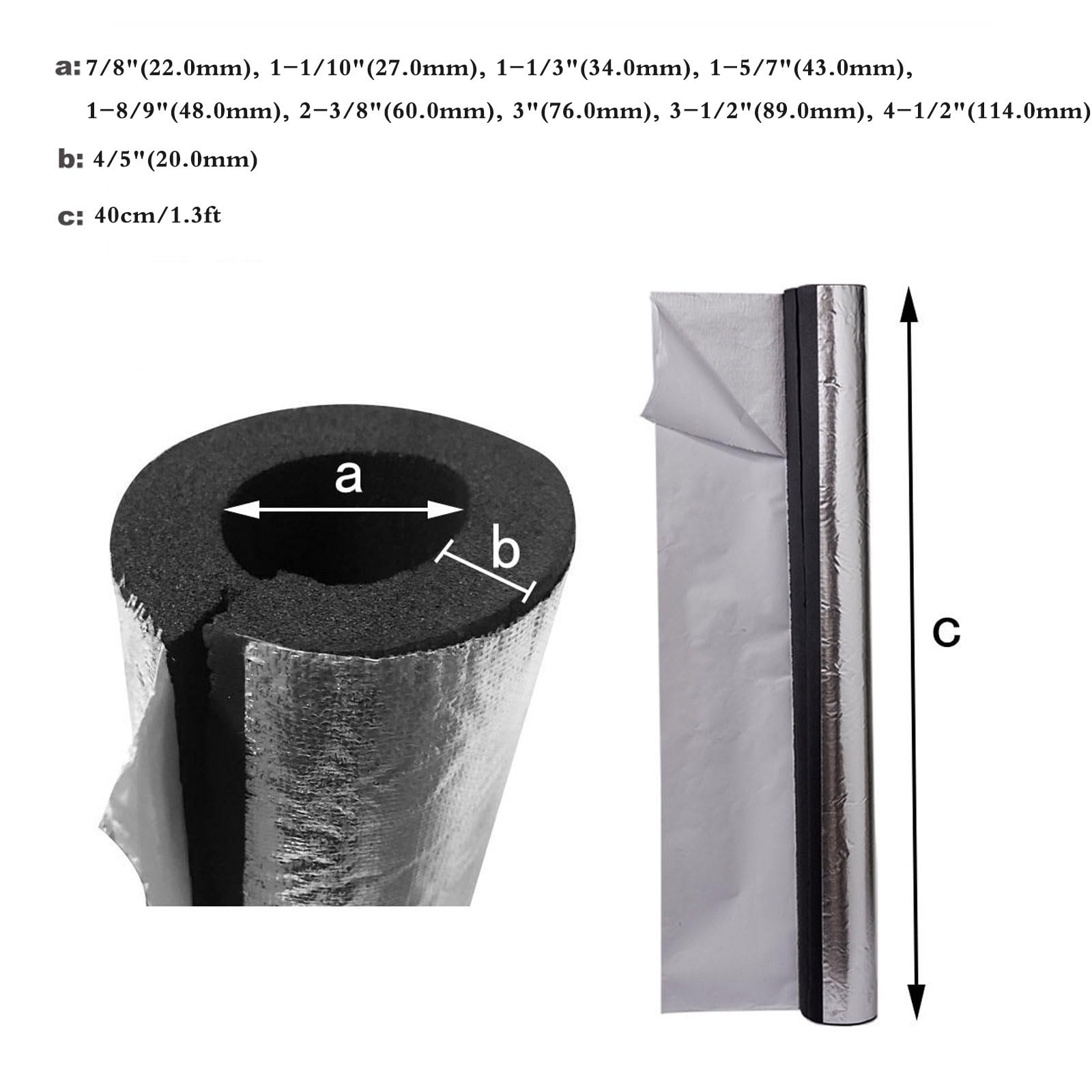 6 Piezas Coquilla Aislante de Papel de Aluminio Autoadhesivo Aire Acondicionado Tubería de Aislamiento Térmico ID 22/27/34/43/48/60/76/89/114.0 mm, Espesor 20.0 mm, Longitud 40 cm(ID2-3/8"(60.0mm))