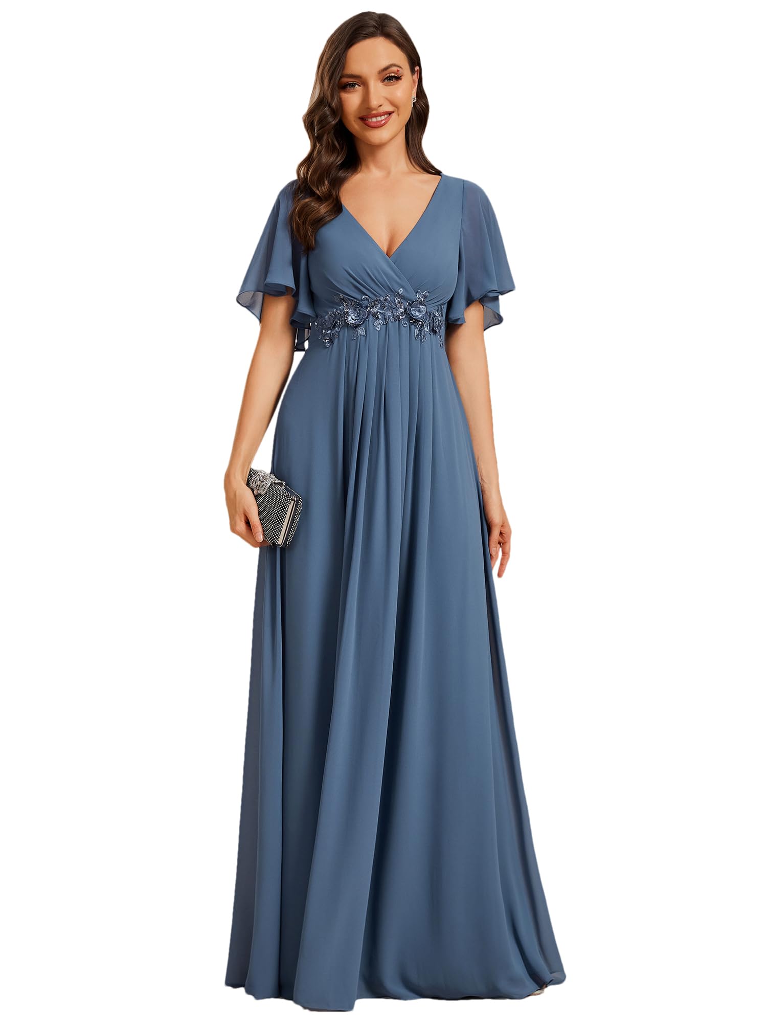 Ever-Pretty Lange Bruiloft Getuige Jurk Applique V-hals Korte Mouwen Chic EE01960-P, Oranje karamel, 42