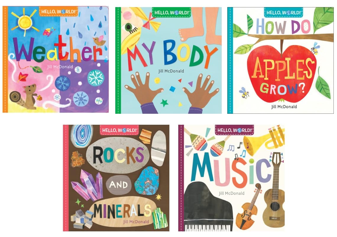 Hello, World! Set da collezione di 5 libri - Libri educativi a tema STEM per bambini curiosi - Meteo, Il mio corpo, come crescono le mele?, Rocce e minerali, Musica