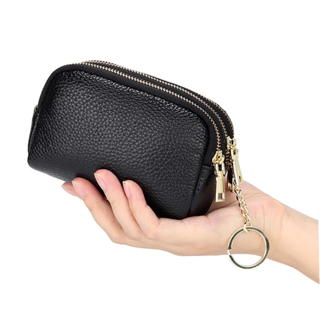 Coin Purse in Vera Pelle Bovina Nero, Mini Portamonete Cerniera, Grande Capacità, Portachiavi, Design a Strati per Donna