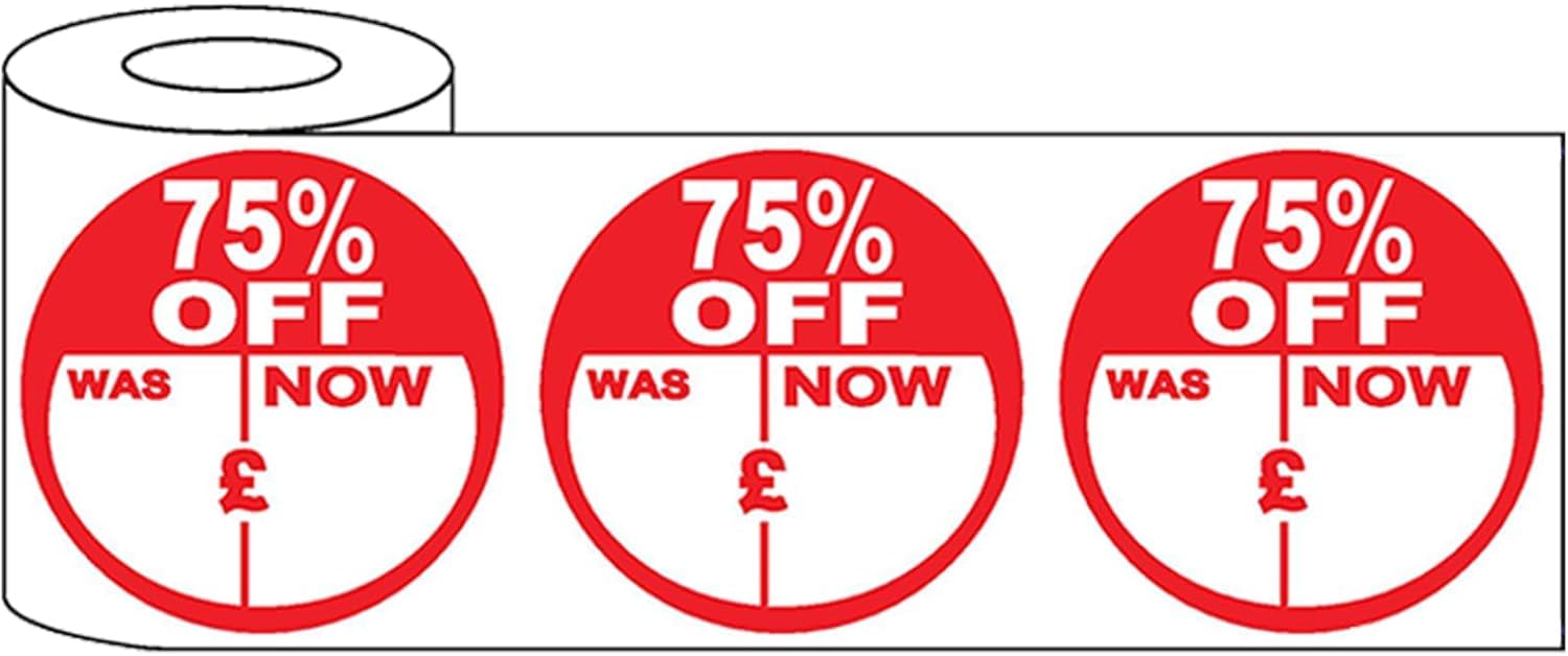 500x 45mm Round Adhesive Percent Off Promo Stickers (75 Percent Off) - Eye-Catching Discount Labels for Retail Sales, Perfect for Promotions and Events