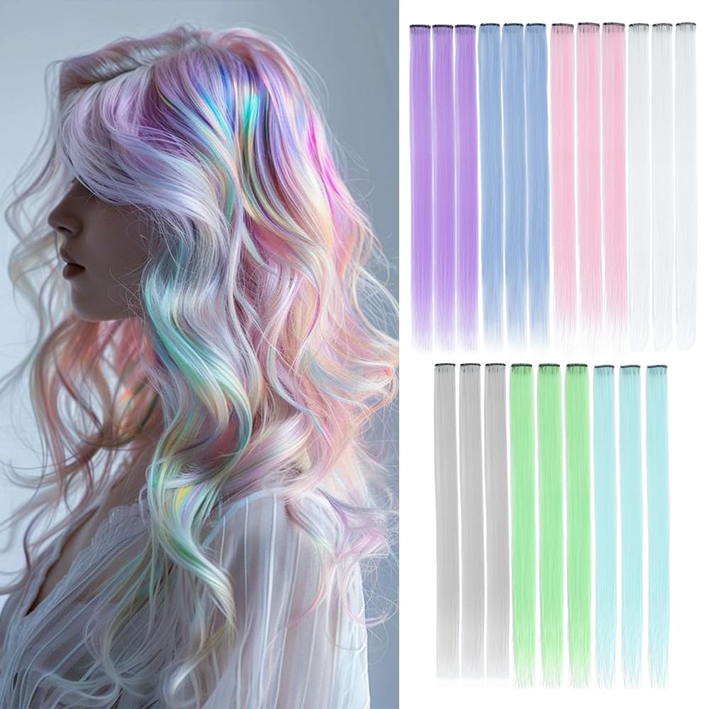 Ice Cream Colors 21Pcs Colored Hair Extensions - 22 Inch Straight Clip In Synthetic Hairpieces Ideal for Women, Kids, and Girls Party Highlight, for Halloween, Christmas and Cosplay Ice Cream Colors-21Pcs