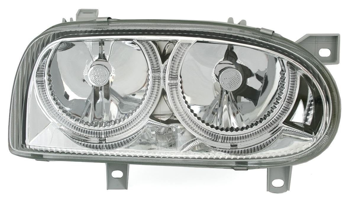 Set di fari Angel Eyes, vetro trasparente cromato, con anelli per luci di posizione.