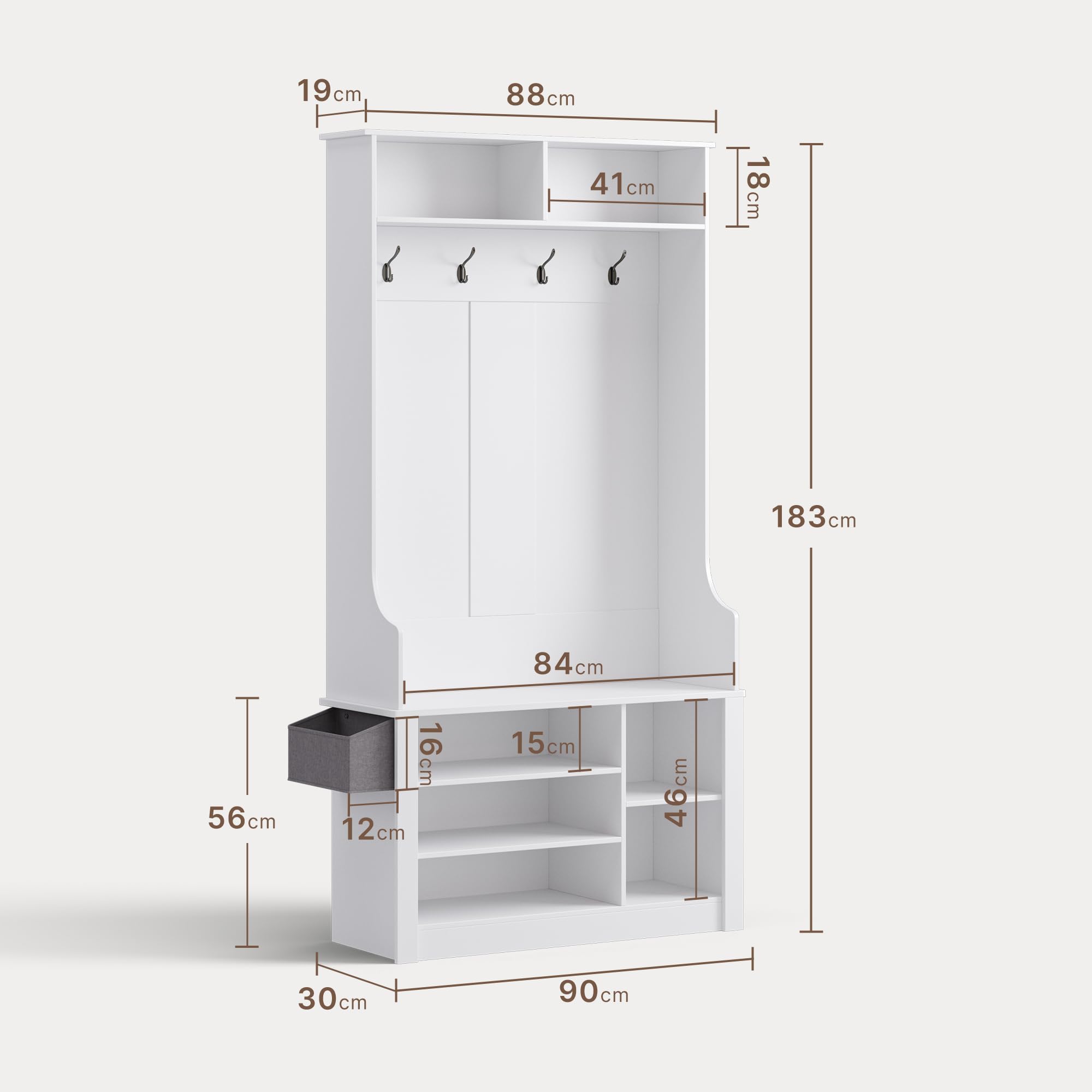 Xbro Garderobenständer mit Schuhbank, Flurgarderobe mit 4 Haken, 5 verstellbaren Schuhablagen & 2 Ablagen, Garderobenschrank mit Sitzbank, freistehende Garderobe Flur, 90x30x183 cm, Weiß