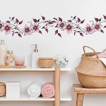 Red Floral Flower Vine Wall Decal, Removable Vinyl Peel and Stick Wall Stickers for Living Room Bathroom Dresser Wall Decor