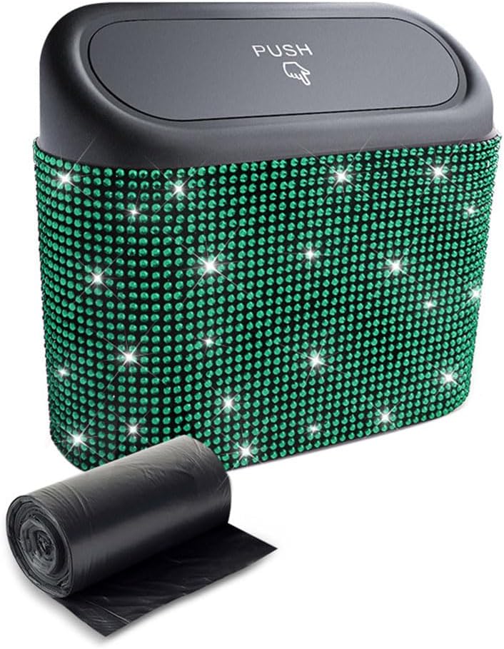 Bling Diamond Auto Trash Can with Lid,Leakproof Garbage Container Bin, Have Mini Auto Garbage Can with 30 Trash Bags, Car Trash Can Adapt for Women (Green)
