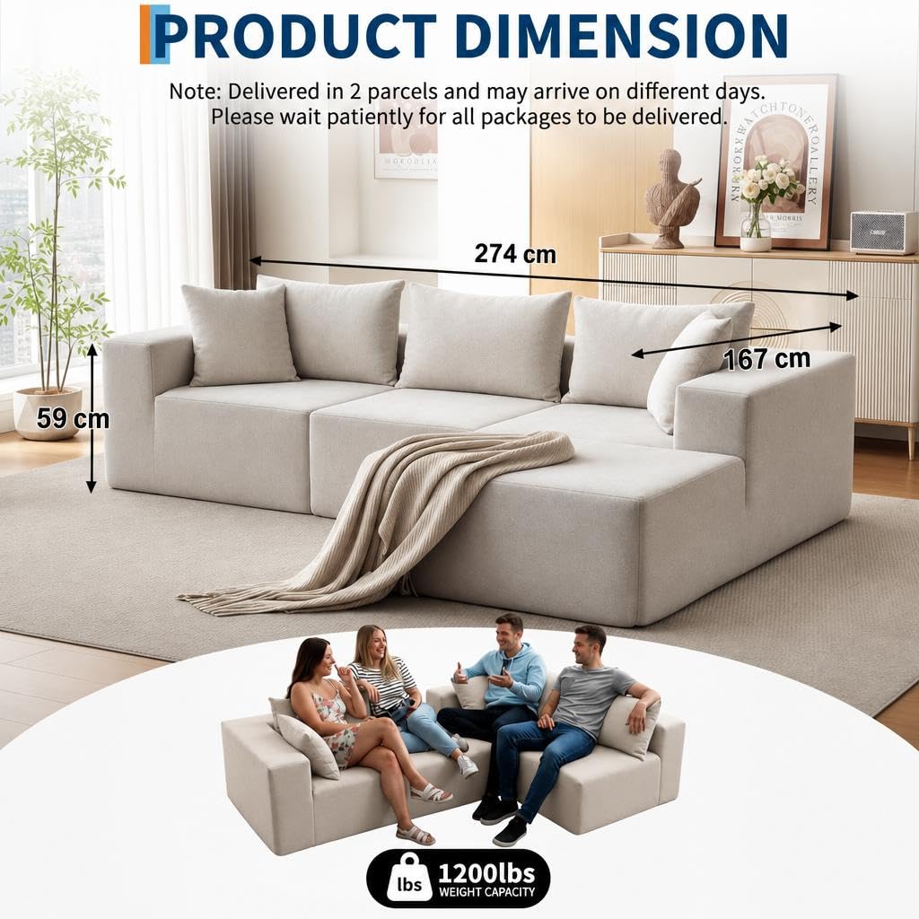 Acekool Ecksofa L-Form Schlafsofa 270 cm, aufbaufrei für Wohnzimmer