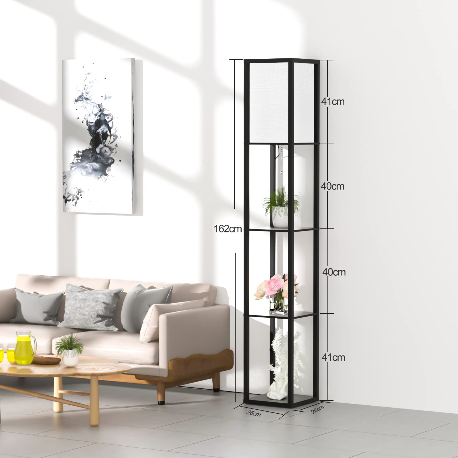 Omdekor Stehlampe mit Regal aus Holz, Stehlampe Wohnzimmer mit 3 Farbtemperatur, Stehleuchte 1.62M mit Lampenschirm, Moderne Schwarz Standleuchte mit 3 Holzregale für Whonzimmer Schlafzimmer Büro
