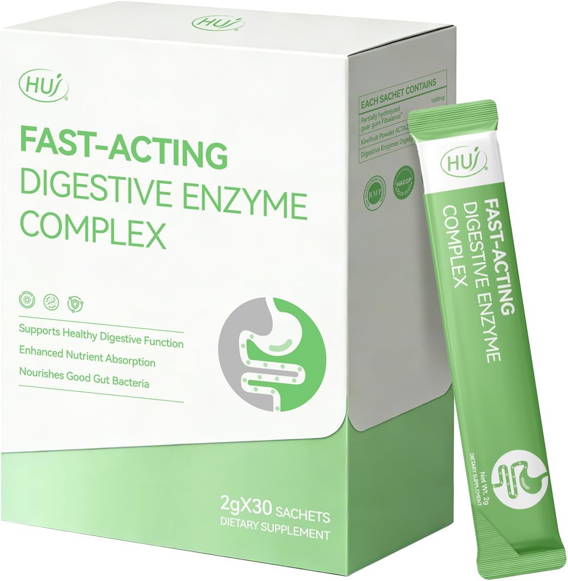 HUJ Fast-Acting Digestive Enzyme Complex- Supports Healthy Digestive Function & Nutrient Absorption - Contains Digestive Enzymes, Prebiotics and Whole Fruit Fiber - 30 Sachets
