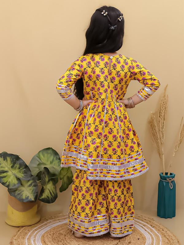 Image of superminis Girls Cotton Floral Printed Gotta Work 3 /4 Sleeves Sharara Suit Ethnic Wear Set