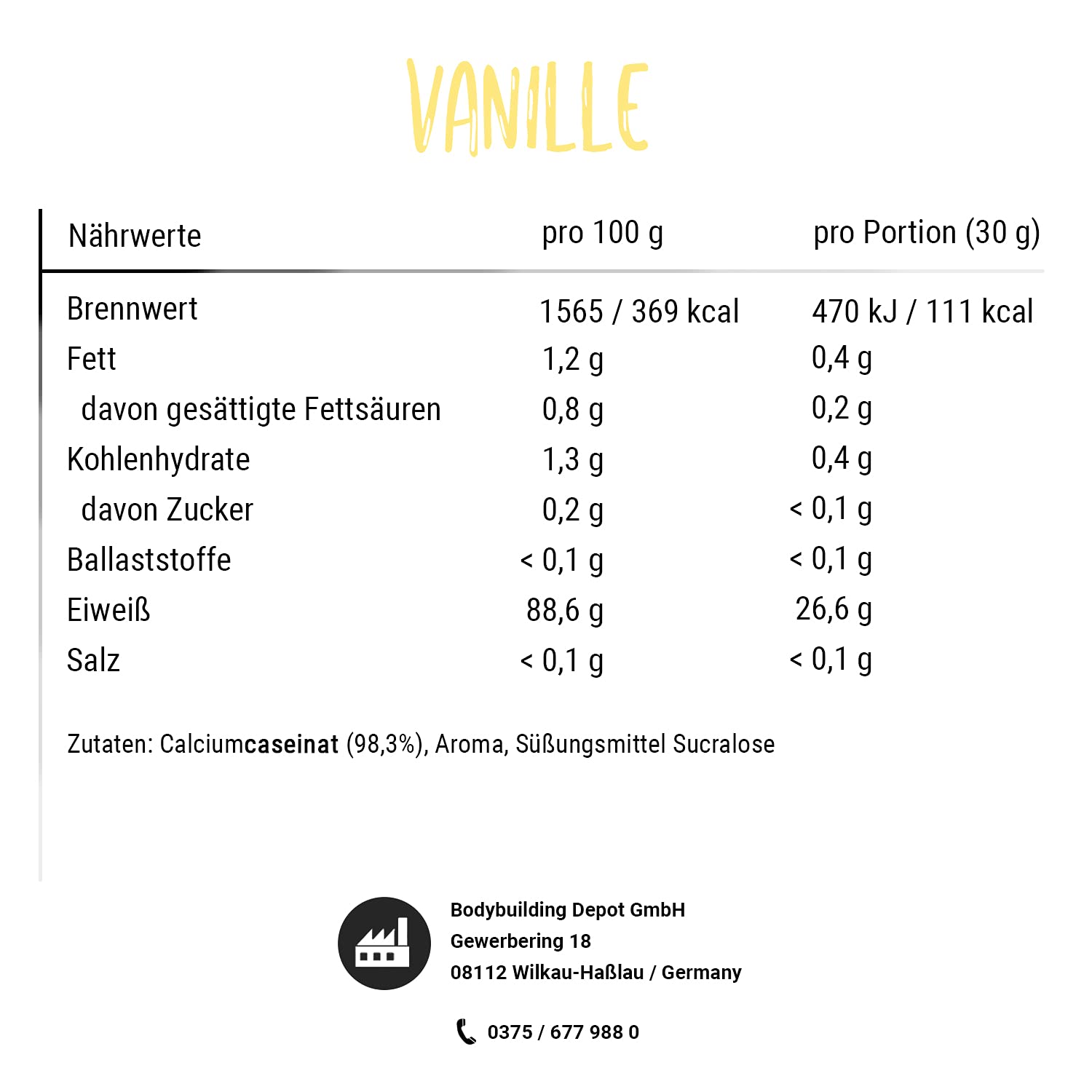 Bodybuilding Depot - Casein Protein 1kg - Vanille | umweltfreundlich in Papier verpackt